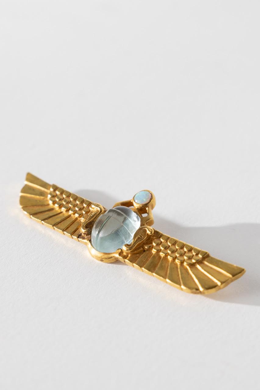 Large Winged Scarab with Carved Aqua & Opal 4mm