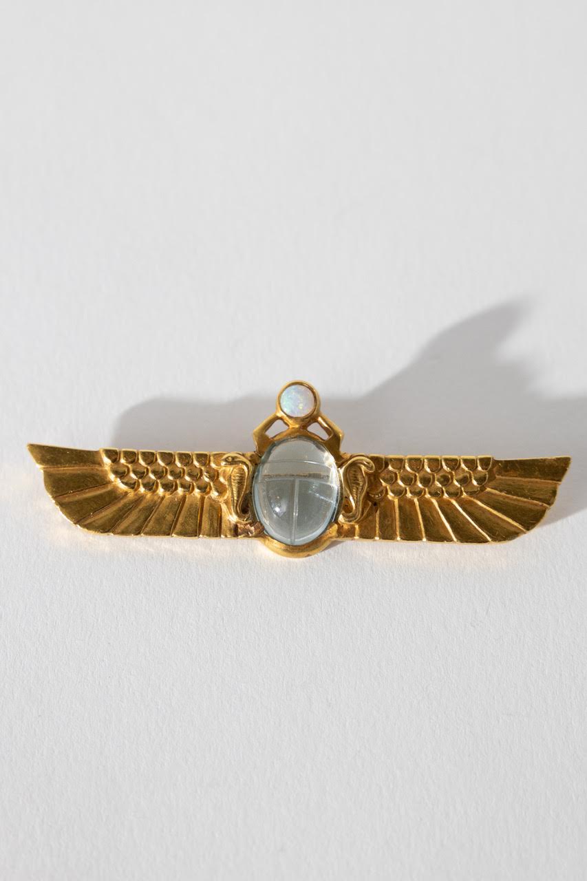 Large Winged Scarab with Carved Aqua & Opal 4mm
