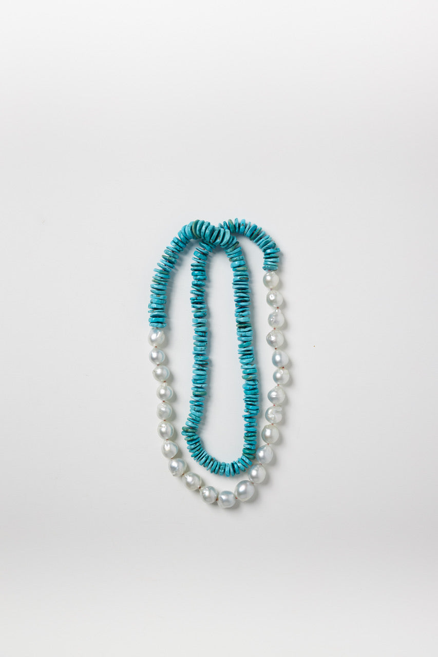 Extra Large White Baroque Pearl Necklace with Flat Turquoise Beads