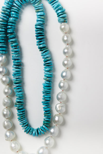 Extra Large White Baroque Pearl Necklace with Flat Turquoise Beads