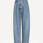 Front view of bleu delave pleated pants on white background with no model shown.