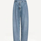Front view of bleu delave pleated pants on white background with no model shown.