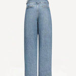 Back view of bleu delave pleated pants on white background, with no model shown.