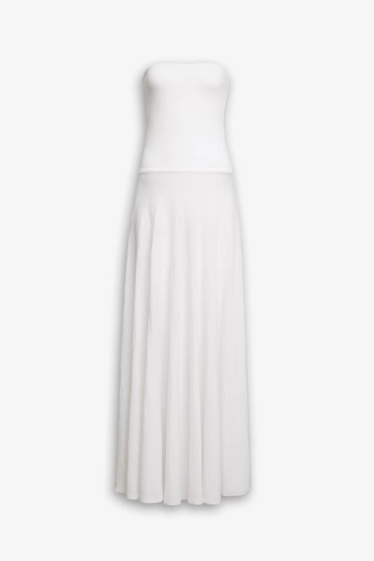 Front view of white linen dress on white background, with no model shown.