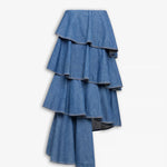 Front view of blue mineral spiral skirt on white background, with no model shown.
