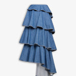 Back view of bleu mineral spiral skirt on white background, with no model shown.