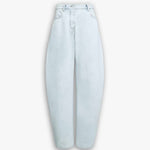 Front view of light blue denim pants on white background, with no model shown.