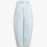 Front view of light blue denim pants on white background, with no model shown.