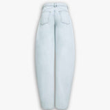 Back view of light blue denim pants on white background, with no model shown.