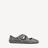 Right side view of white/black criss cross ballet flat on white background, with no model shown.