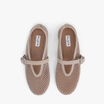 Overhead view of grey fishnet ballet flats on white background, with no model shown.