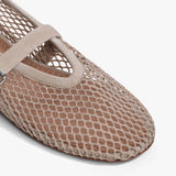 Closeup side view of grey fishnet ballet flats on white background, with no model shown.
