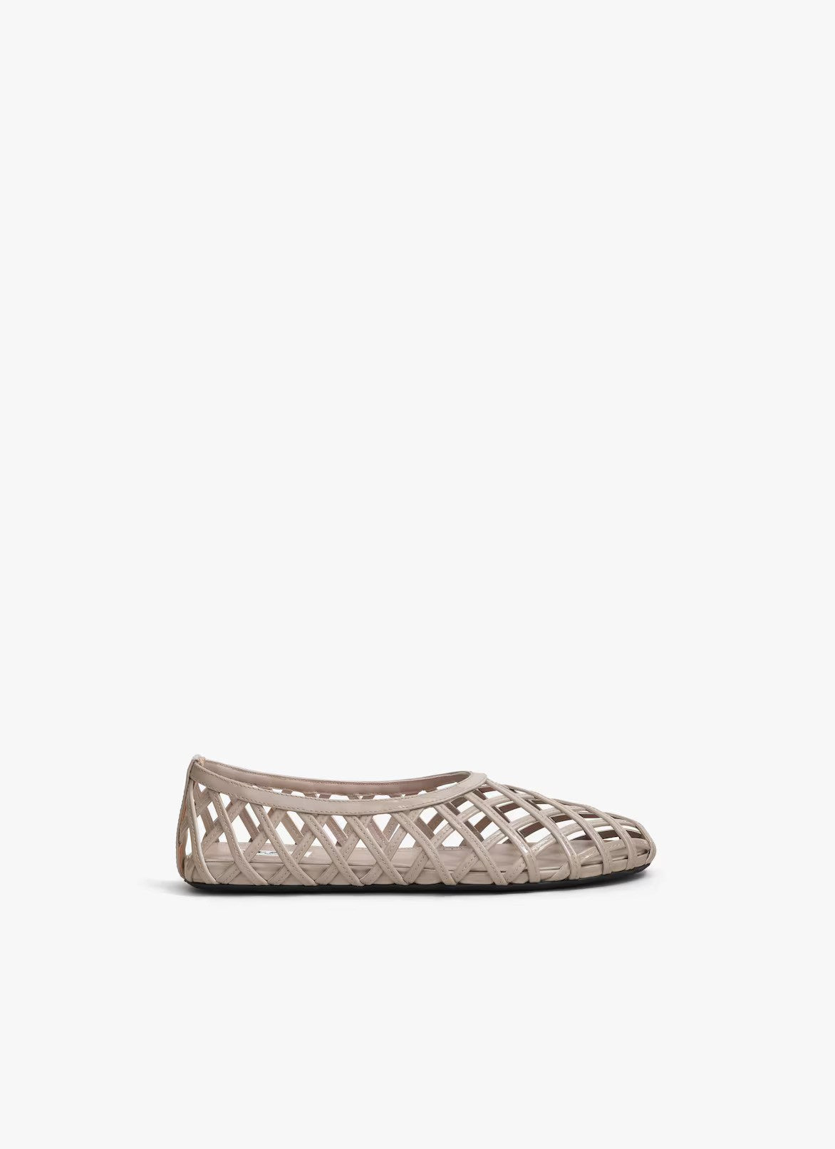 Side view of grey cage ballet flats on white background, with no model shown.