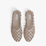 Overhead view of grey cage ballet flats on white background, with no model shown.