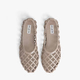 Overhead view of grey cage ballet flats on white background, with no model shown.