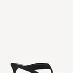 Right side view of noir heel thong mule in velvet on white background, with no model shown.