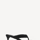 Right side view of noir heel thong mule in velvet on white background, with no model shown.