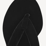 Overhead view of left heel thong mule in velvet on white background, with no model shown.