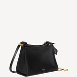 Side slanted view of noir le clicl small square bag on white background, with no model shown.