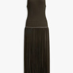 Front view of olive pleats dress on white background, with no model shown.