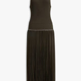 Front view of olive pleats dress on white background, with no model shown.