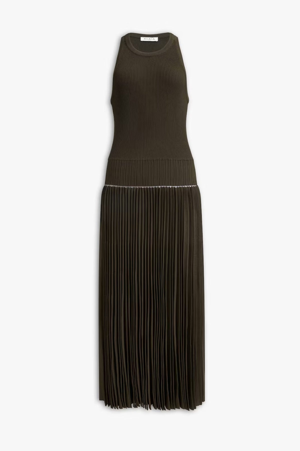 Front view of olive pleats dress on white background, with no model shown.