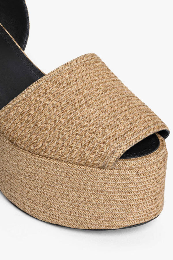 Left side closeup of natural wedge slingback in paper straw, against white background, with no model shown.