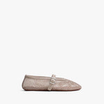 Side view of grey fishnet ballet flat on white background, with no model shown.