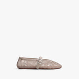Side view of grey fishnet ballet flat on white background, with no model shown.