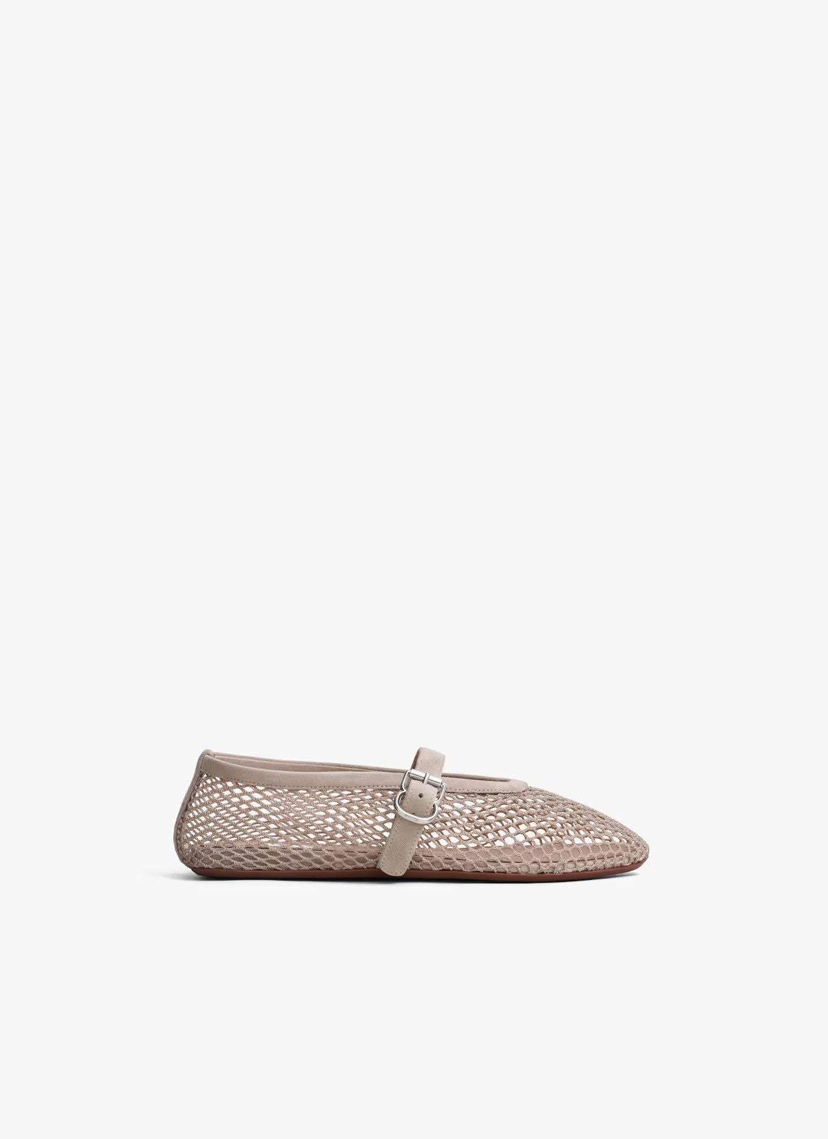 Side view of grey fishnet ballet flat on white background, with no model shown.