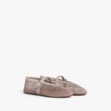 Side slanted view of grey fishnet ballet flat on white background, with no model shown.