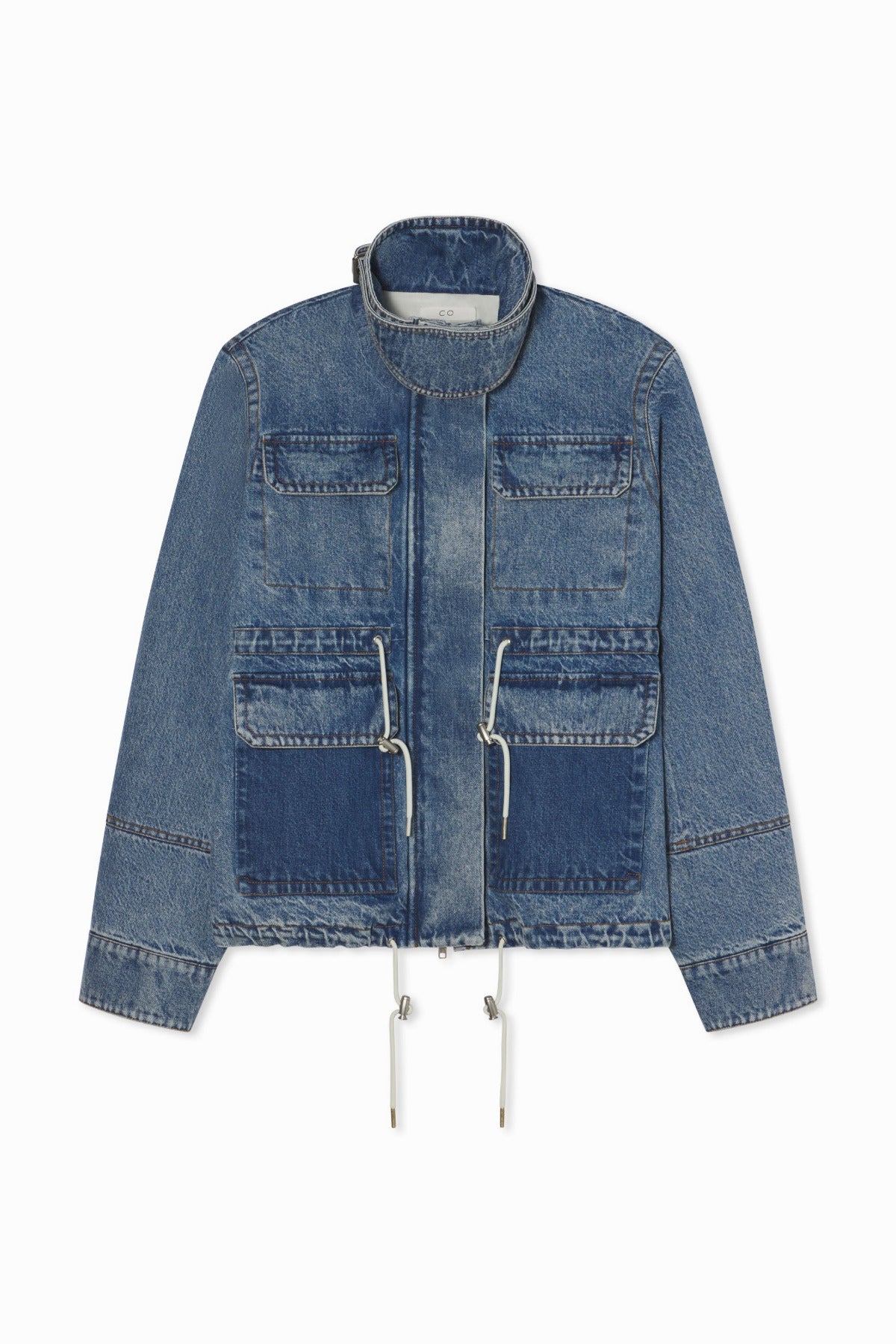 Front view of cropped military jacket on white background with no model shown.