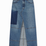 Front view of indigo denim skirt on white background, with no model shown.
