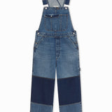 Front view of indigo overalls on white background, with no model shown.