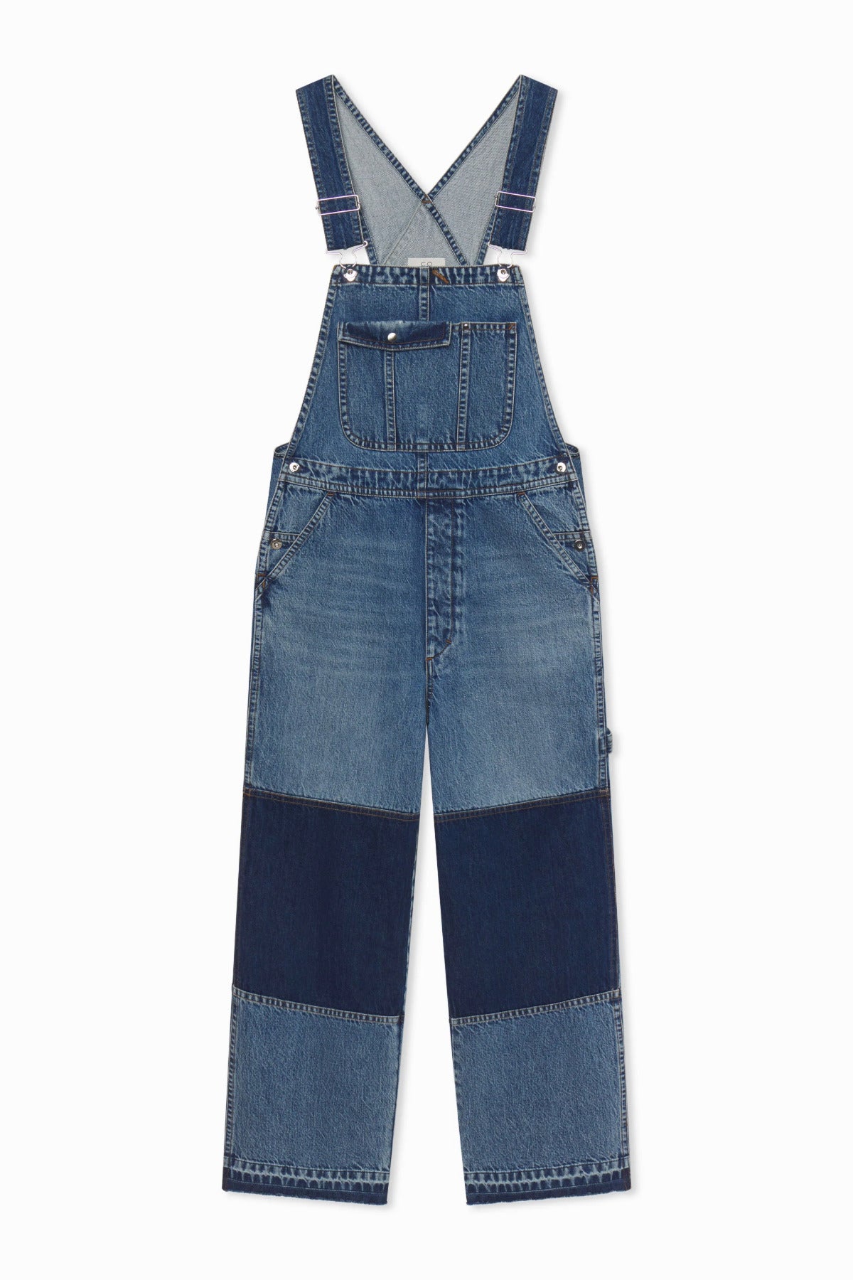 Front view of indigo overalls on white background, with no model shown.