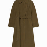 Front view of olive oversized trench coat on white background, with no model shown.