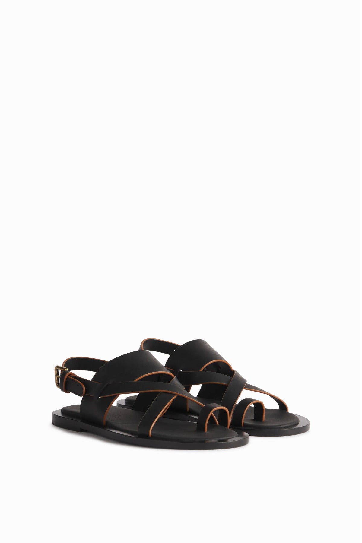 Both black leather sandals are shown together in a side profile with a white background.