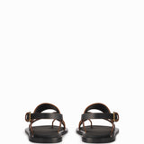 Both black leather sandals are shown with back of heel shown in foreground with white background.