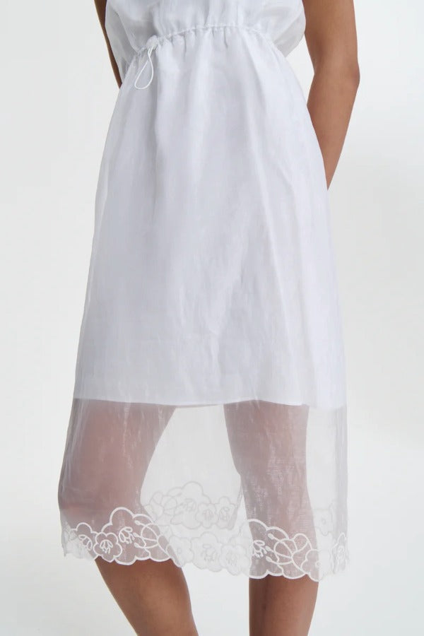 Front bottom hem closeup view on model, against a white background.