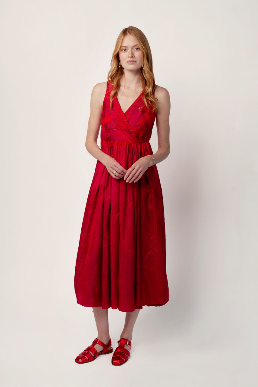 Front view of lipstick rajasthani dress on model wearing red sandals, against a white background.