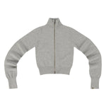 Front view of fill zip grey cardigan on white background with no model shown.