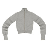 Front view of fill zip grey cardigan on white background with no model shown.