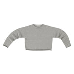 Front view of grey comfy sweater on white background, with no model shown.