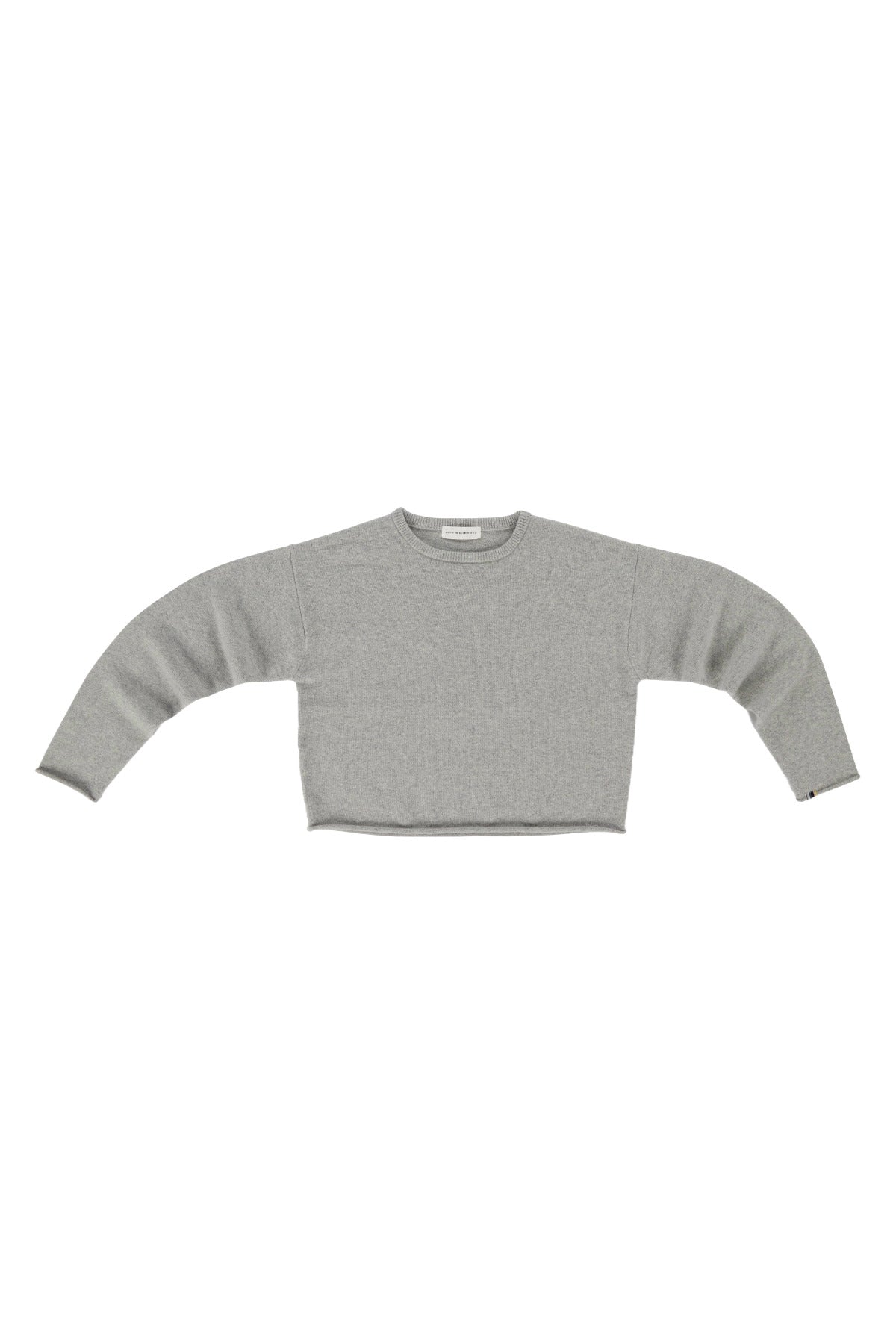 Front view of grey comfy sweater on white background, with no model shown.