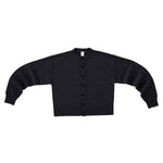 Front view of button down navy cardigan on white background with no model shown
