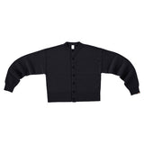 Front view of button down navy cardigan on white background with no model shown