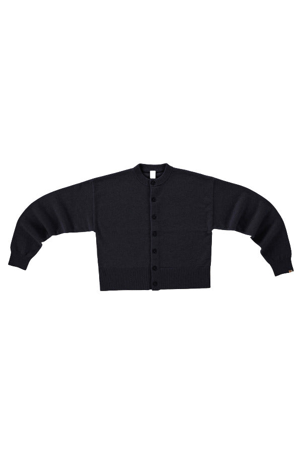 Front view of button down navy cardigan on white background with no model shown