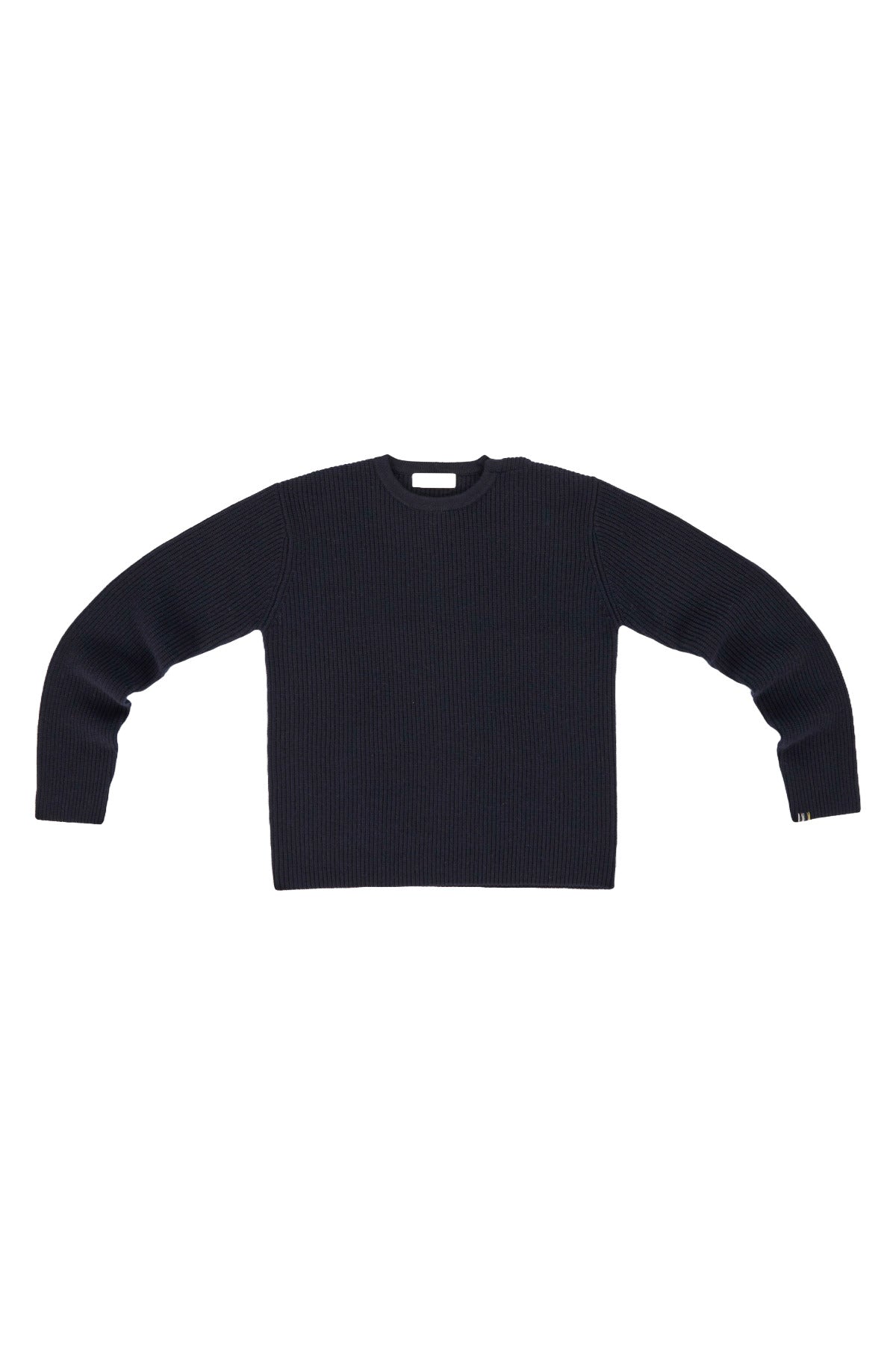 Front view of navy you sweater on white background, with no model shown.