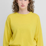 Front view of sunny jewel sweater on model wearing grey trousers, against a white background.