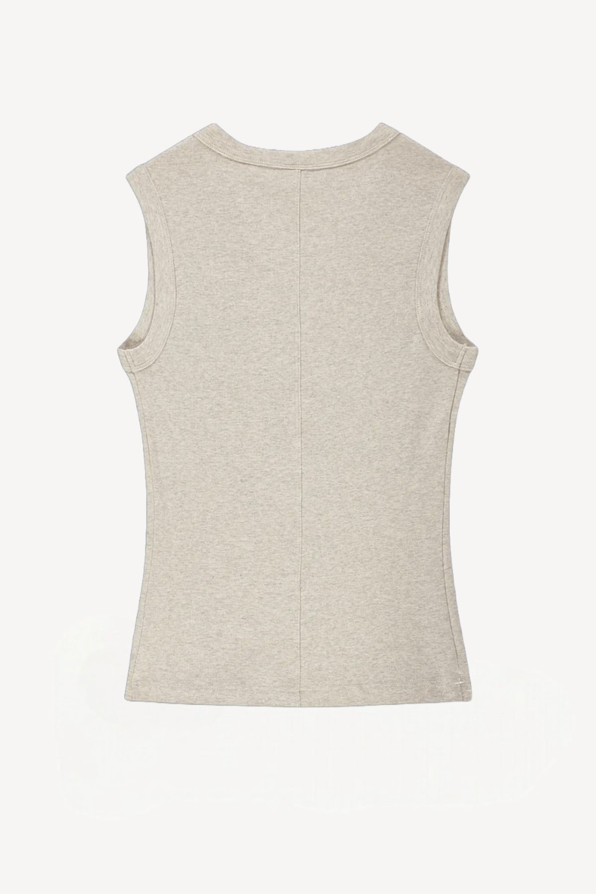 Back view of a heather grey v-neck tank on white background, with no model shown.